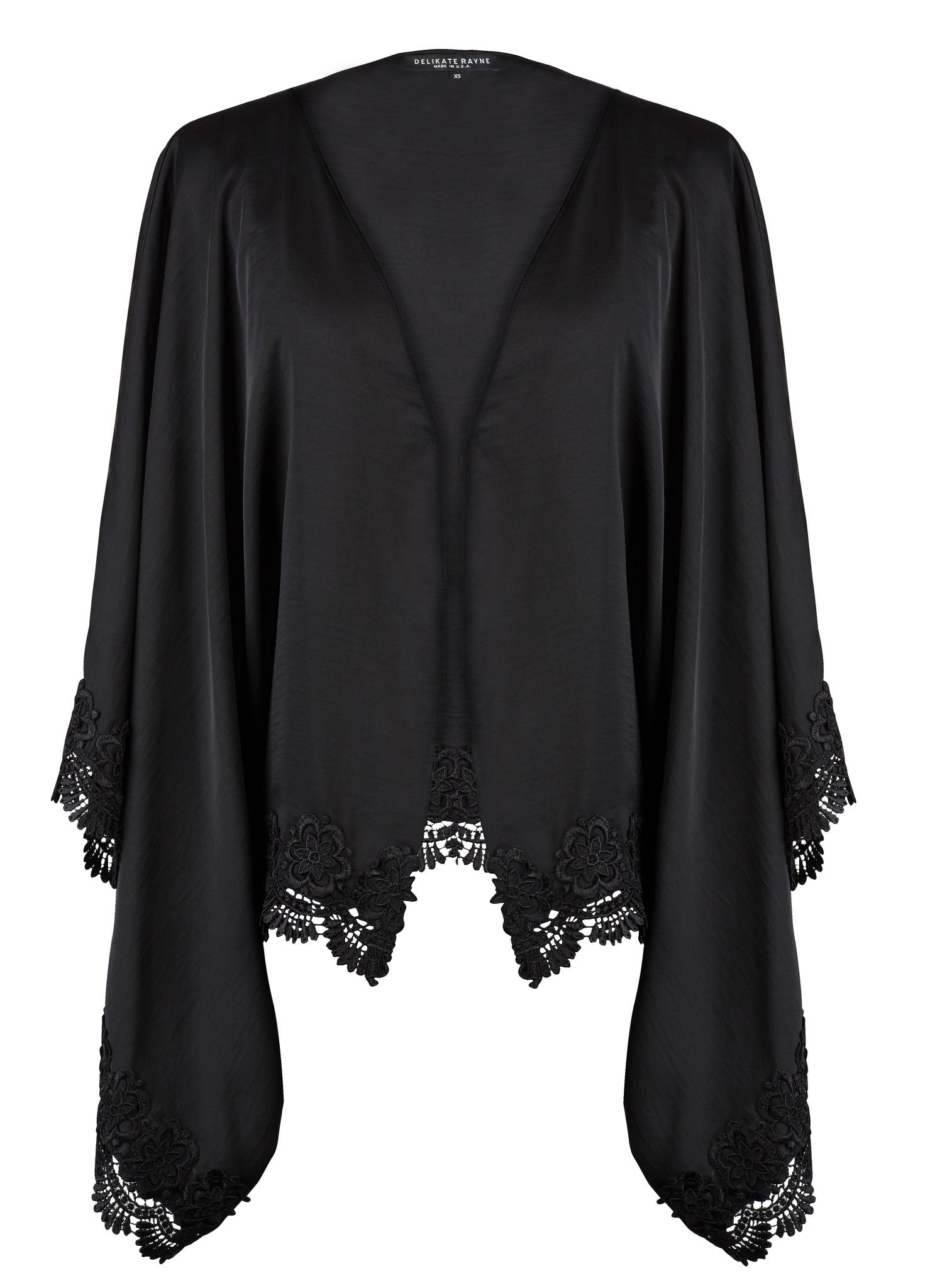 BLACK SATIN AND VENICE LACE TRIM KIMONO – Delikate Rayne