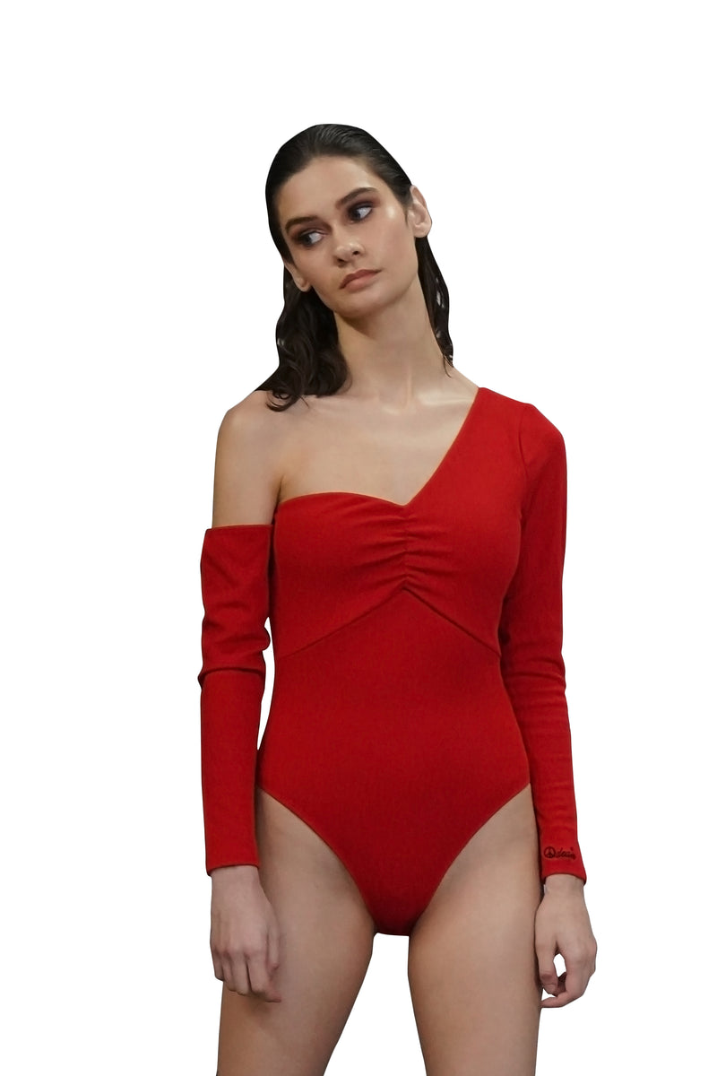 RED PEACE DEALER VEGAN RIBBED BODYSUIT