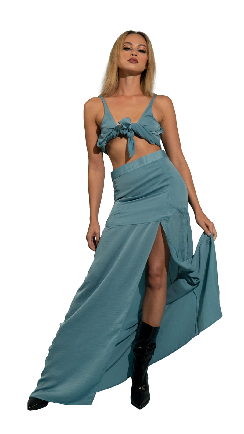 BLUE VEGAN SATIN MAXI SKIRT