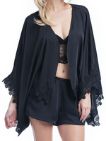 BLACK SATIN AND VENICE LACE TRIM KIMONO