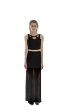 BLACK VEGAN LEATHER AND CHIFFON MAXI SKIRT