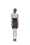 Super soft and luxurious Vegan leather slightly high-waisted skirt with fringe detail, fully lined.