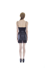 Super soft and luxurious Vegan leather slightly high-waisted skirt with fringe detail, fully lined.