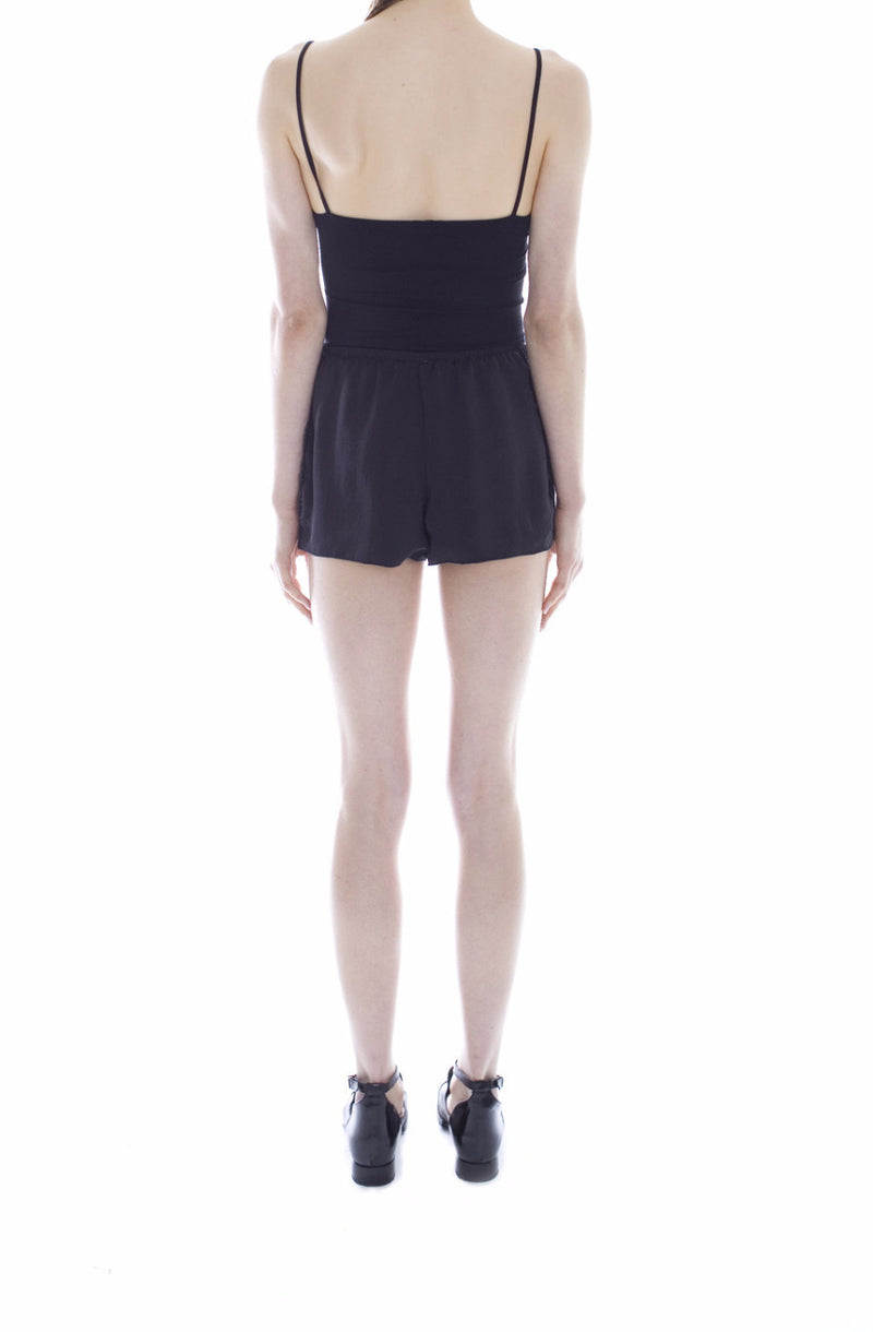 BLACK SATIN AND VENICE LACE TRIM SHORTS