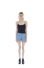 BLUE SATIN AND VENICE LACE TRIM SHORTS