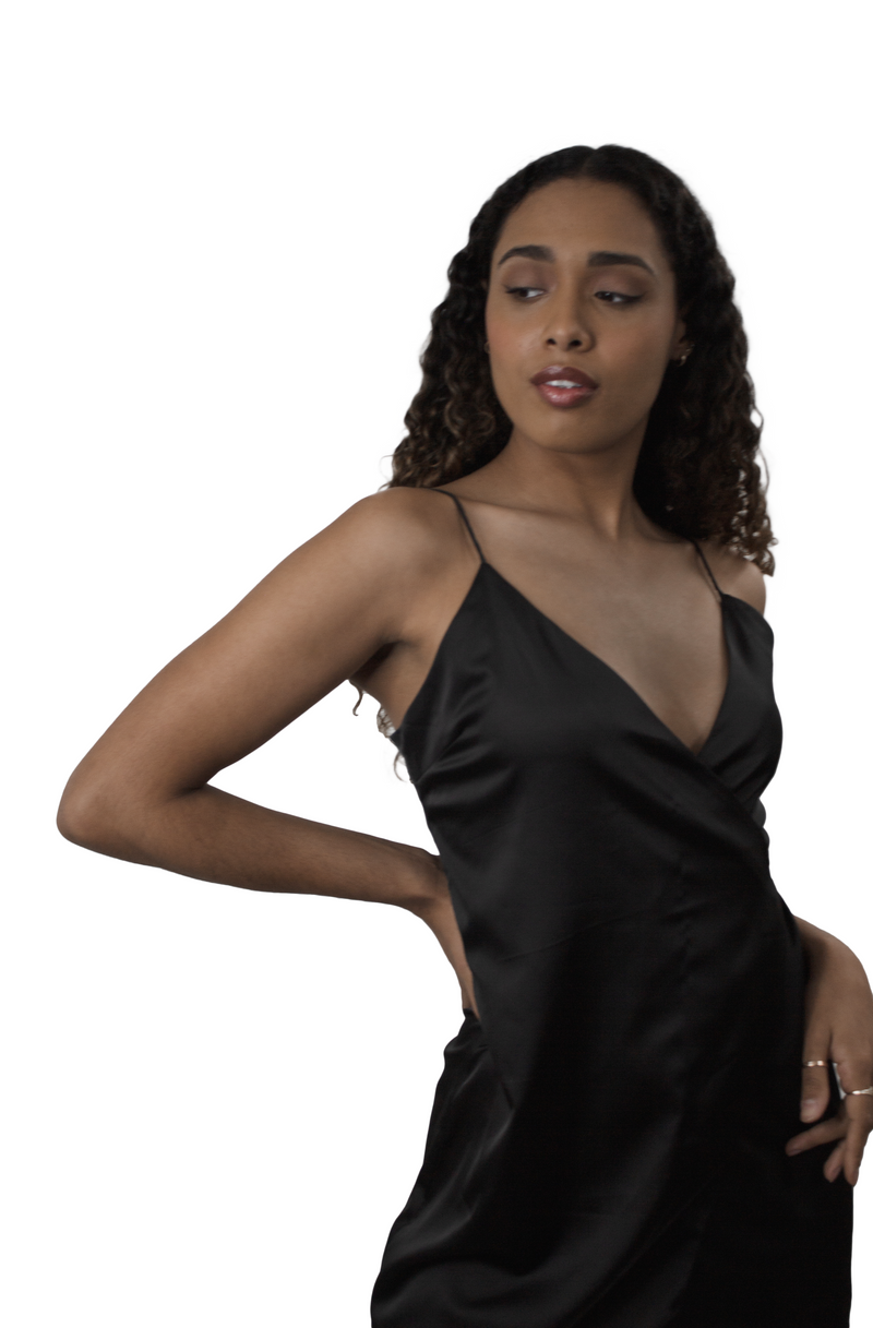 Black SATIN MINI WRAP DRESS S Black SATIN MINI WRAP DRESS S