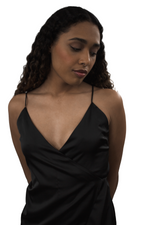 BLACK SATIN MINI WRAP DRESS