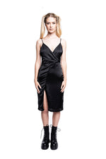 BLACK SATIN MIDI SLIP DRESS