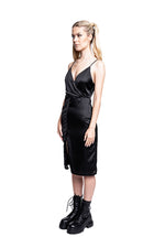 BLACK SATIN MIDI SLIP DRESS