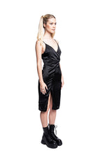 BLACK SATIN MIDI SLIP DRESS