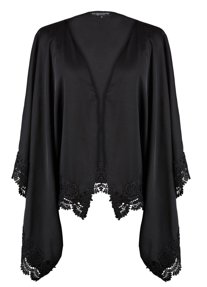 BLACK SATIN AND VENICE LACE TRIM KIMONO