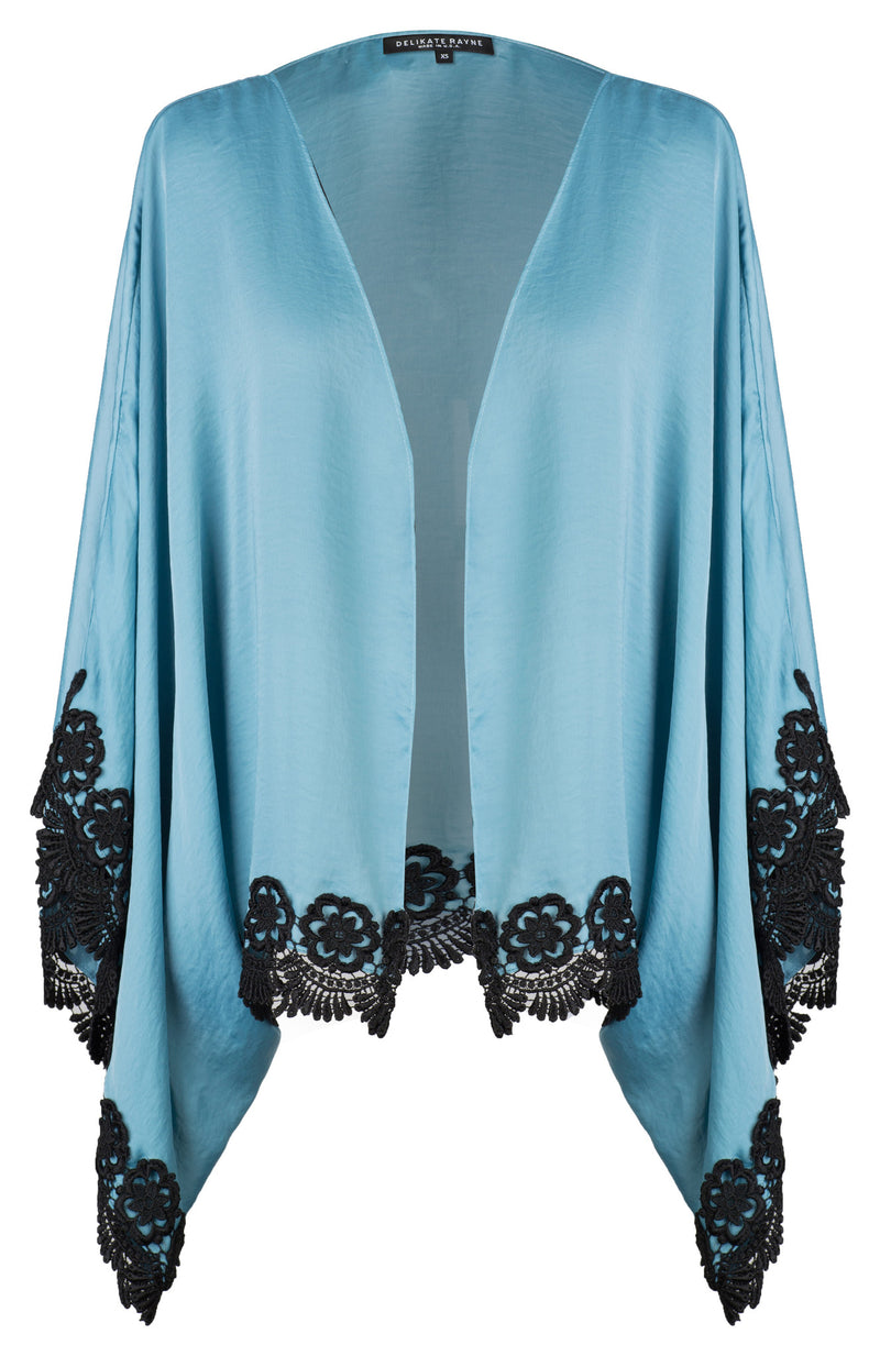 BLUE SATIN AND VENICE LACE TRIM KIMONO