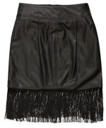 Super soft and luxurious Vegan leather slightly high-waisted skirt with fringe detail, fully lined.