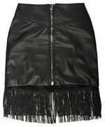 Super soft and luxurious Vegan leather slightly high-waisted skirt with fringe detail, fully lined.