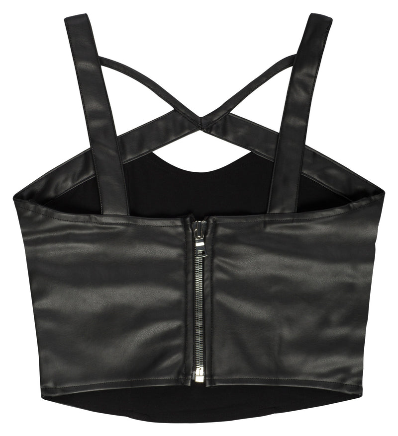 BLACK VEGAN LEATHER BUSTIER WITH PIPING