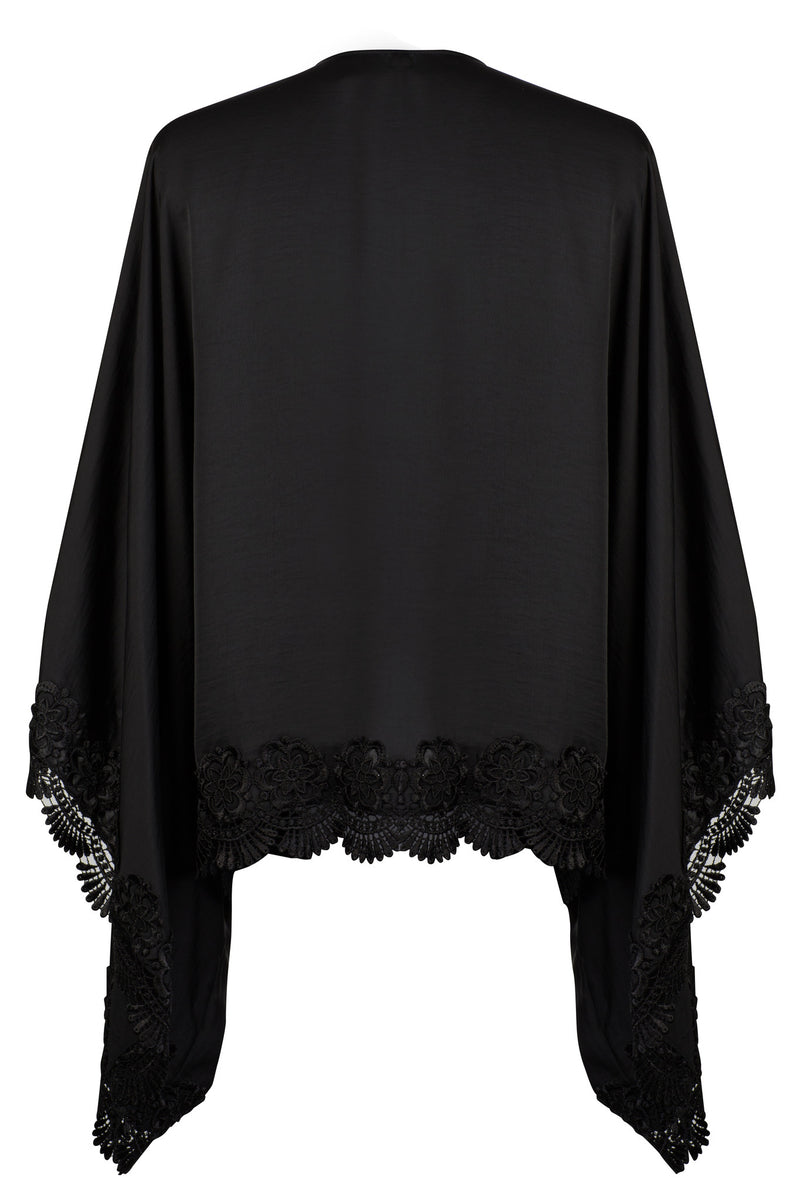 BLACK SATIN AND VENICE LACE TRIM KIMONO