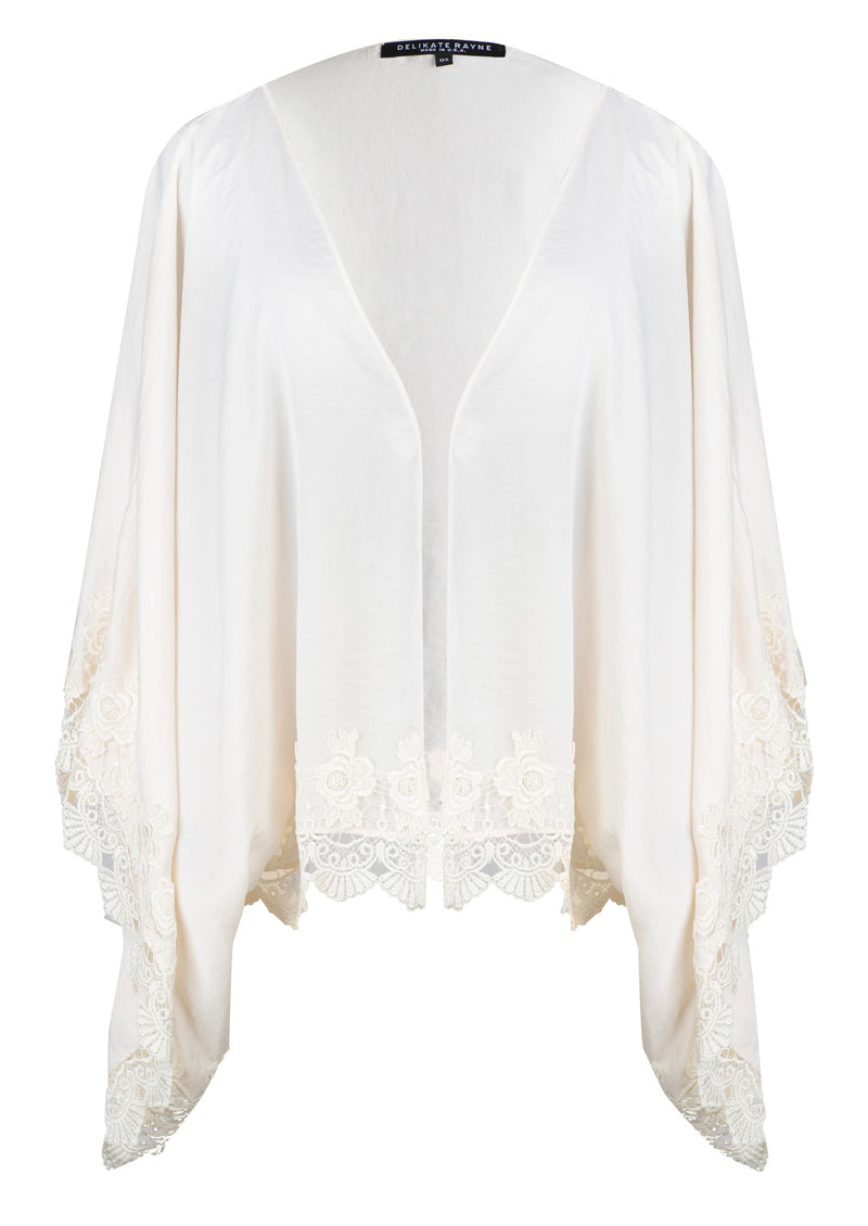 IVORY SATIN AND VENICE LACE TRIM KIMONO