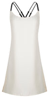 Silky, vegan satin slip dress with an updated look. Featuring contrast back detail with criss-cross adjustable straps, a low back line, mini side slit, invisible zipper and french seams