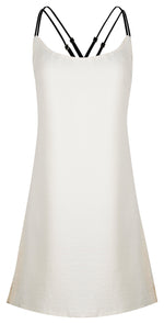 Silky, vegan satin slip dress with an updated look. Featuring contrast back detail with criss-cross adjustable straps, a low back line, mini side slit, invisible zipper and french seams