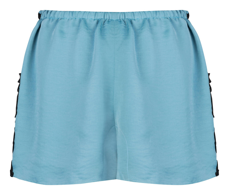 BLUE SATIN AND VENICE LACE TRIM SHORTS