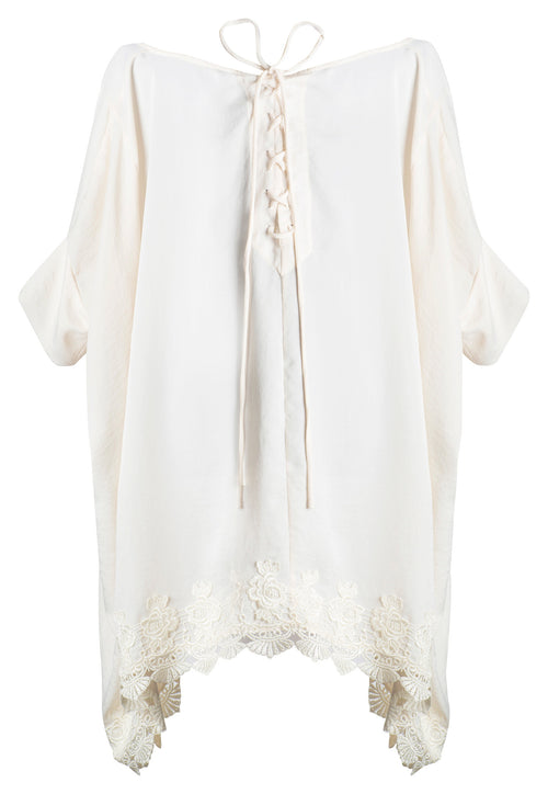 WHITE SATIN AND VENICE LACE TRIM TIE BACK TUNIC