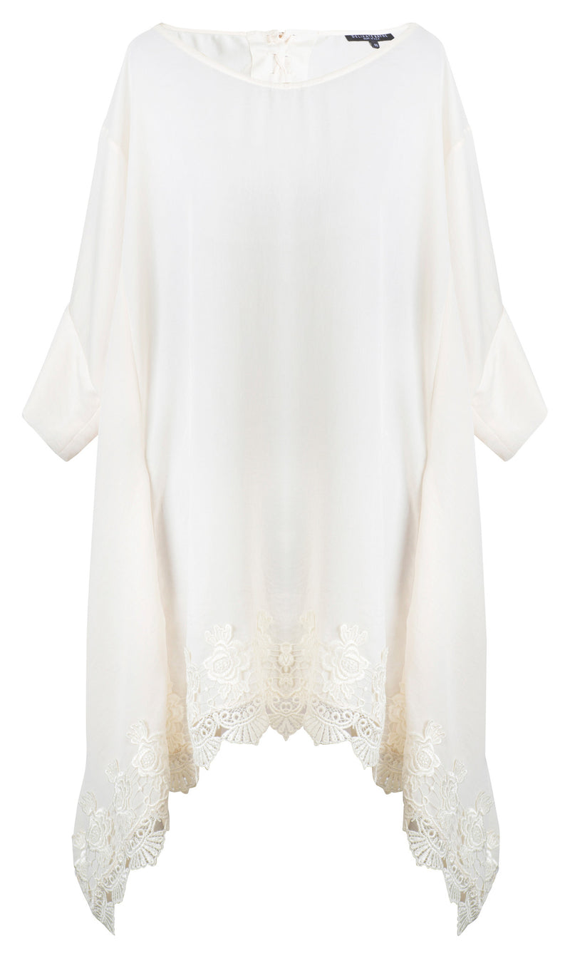 WHITE SATIN AND VENICE LACE TRIM TIE BACK TUNIC