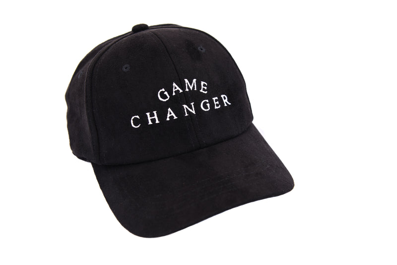 Vegan suede dad hat in collaboration with PETA. Front features game changer text delicately embroidered in white