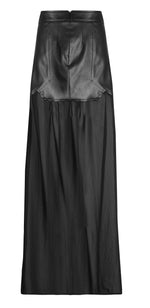 BLACK VEGAN LEATHER AND CHIFFON MAXI SKIRT