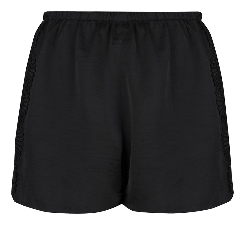 BLACK SATIN AND VENICE LACE TRIM SHORTS