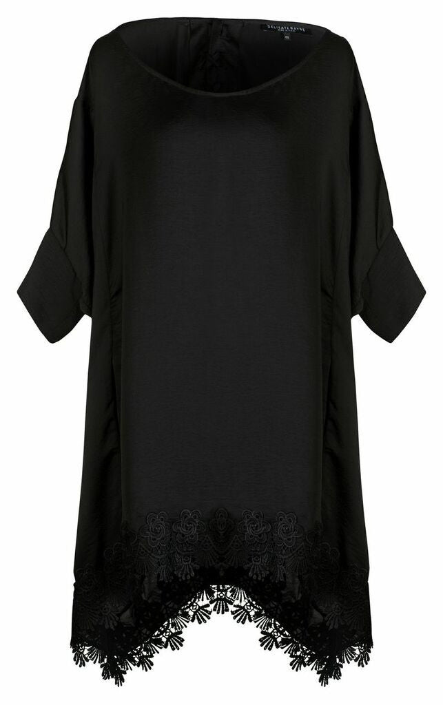 BLACK SATIN and VENICE LACE TRIM TIE BACK TUNIC