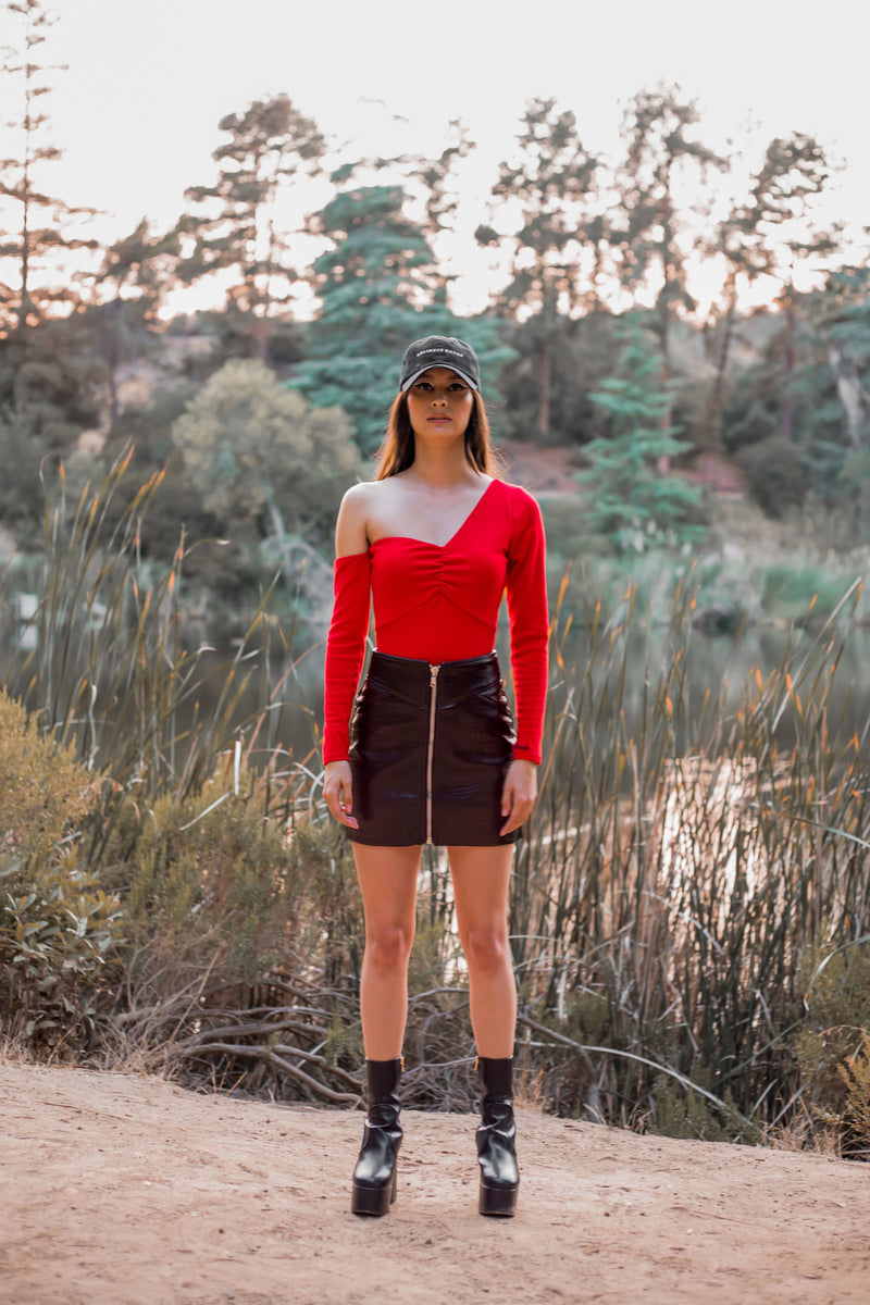 RED PEACE DEALER VEGAN RIBBED BODYSUIT