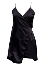 BLACK SATIN MINI WRAP DRESS