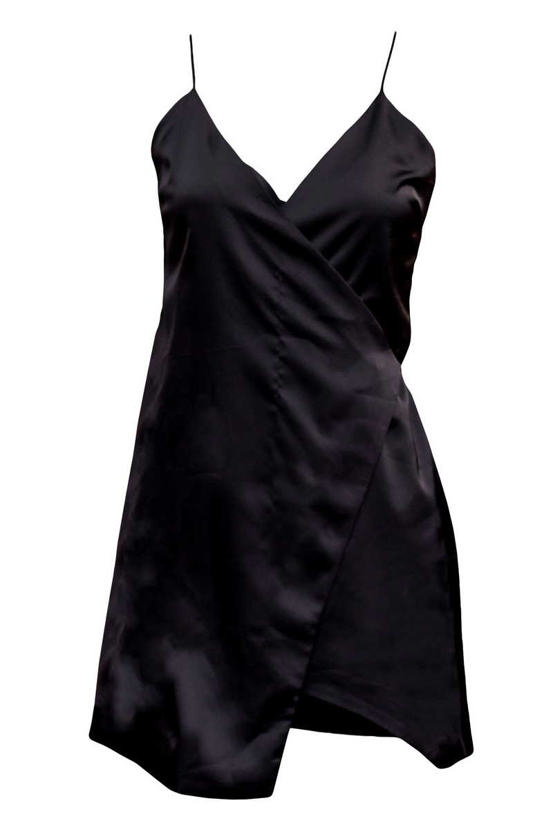 Black Satin Wrap Mini Dress