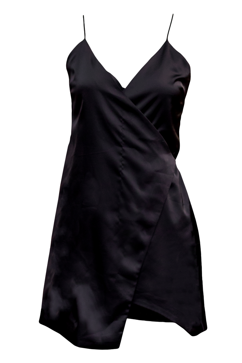 Black SATIN MINI WRAP DRESS S Black SATIN MINI WRAP DRESS S