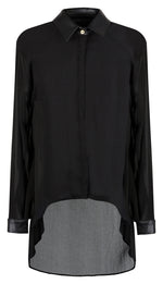 BLACK SLIT BACK BLOUSE WITH VEGAN LEATHER DETAILS