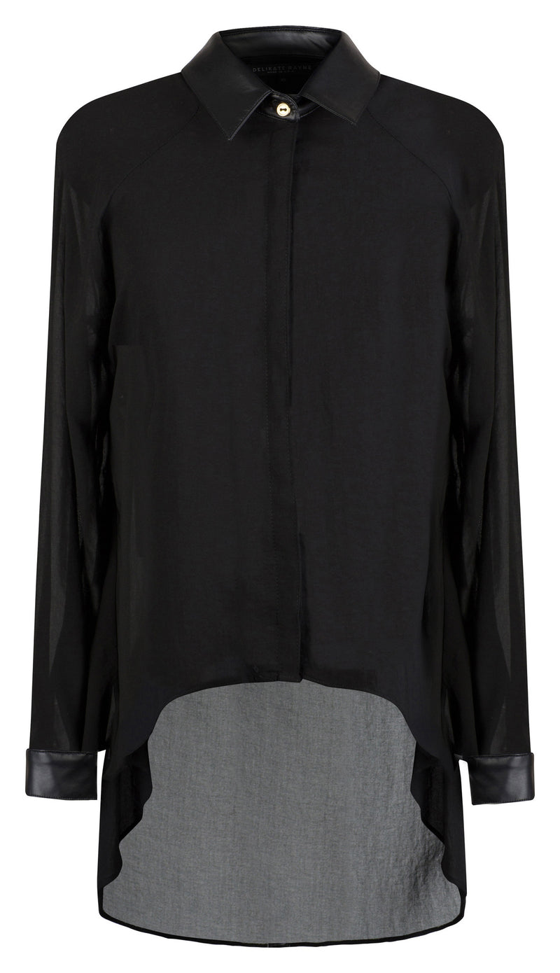 BLACK SLIT BACK BLOUSE WITH VEGAN LEATHER DETAILS